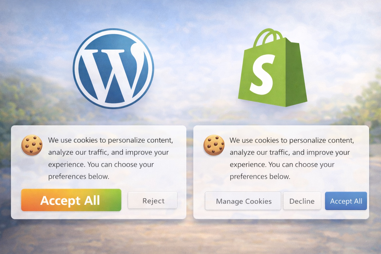 WordPress and Shopify logos alongside a cookie consent banner on a laptop screen