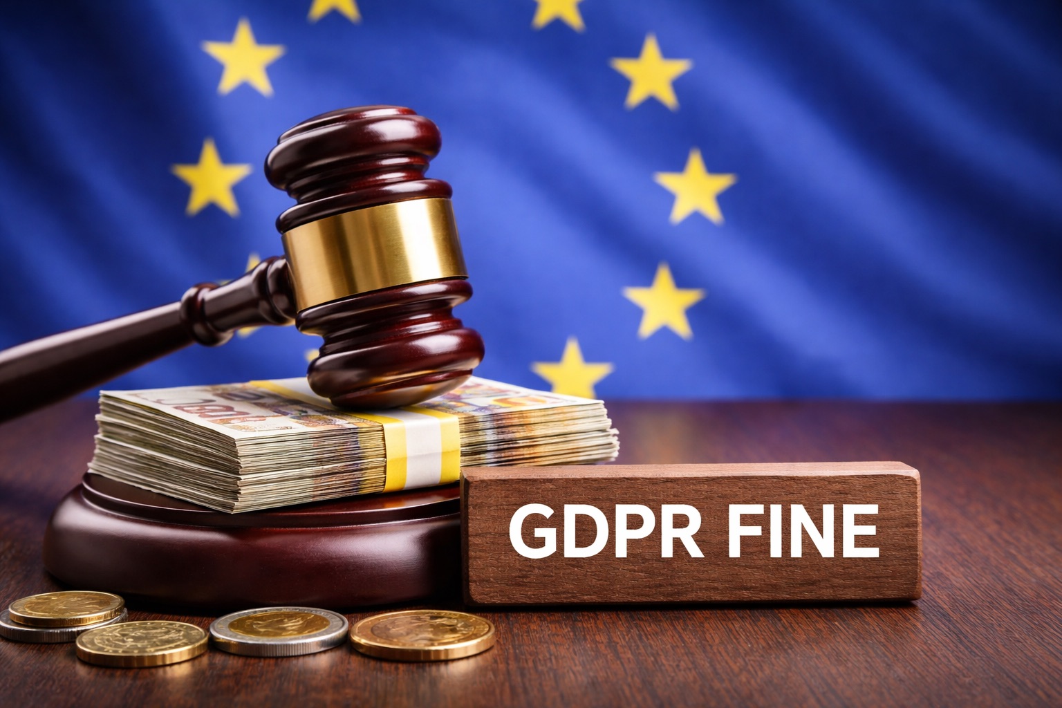 Gavel on a desk with EU flag representing GDPR enforcement and cookie fines