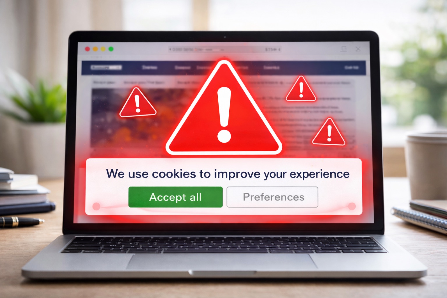 Laptop showing a non-compliant cookie banner with a red warning alert overlay